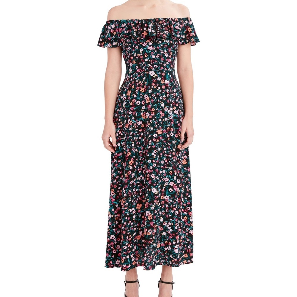 NWT BCBG Whimsical Bohemian Paris Floral Ruffle Off-Shoulder Maxi Dress